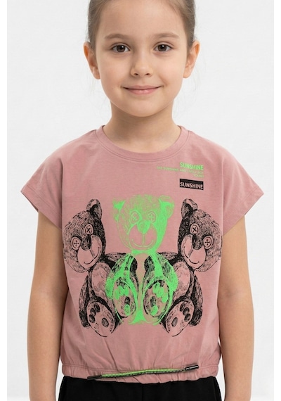 New Kids Ayıcık Baskılı Büzgü Detaylı Kısa Kol Kız Çocuk Tişört-91126 Pembe