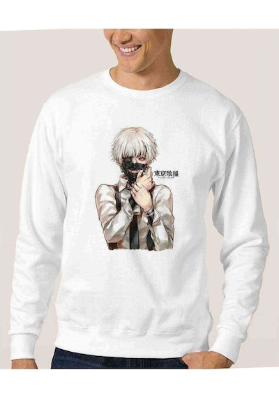 Anime Tokyo Ghoul Anteiku Baskılı Beyaz Erkek Örme Sweatshirt (528446791)