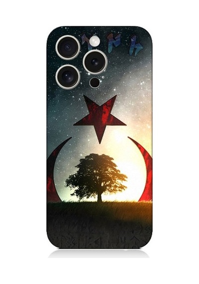 Apple Uyumlu iPhone 15 Pro Göktürkçe Türk Ve Ağaç Bayrak Desenli Silikon Kılıf