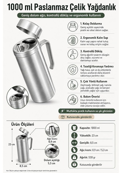 304 Çelik Silver 1000 Ml Yağdanlık Sosluk Ve Sirkelik Cin996by
