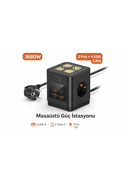 3680w 3 Lü Çoklu Priz 2 Usb 2 Type-c Gece Işıklı Masaüstü Küp Priz Şarj İstasyonu 1 - 3 M