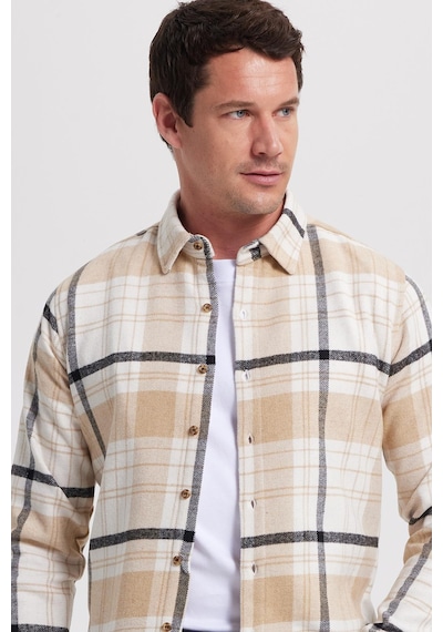 Tudors Erkek Slim Fit Dar Kesim Kareli Kışlık Oduncu Gömlek-42346 Ekru