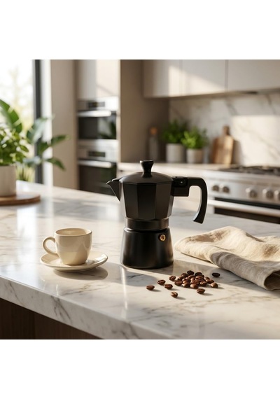 Siyah Moka Pot 3 Fincanlık, 180 Ml Alüminyum Espresso Demliği, Ocak Üstü Kahve Cezvesi, Gazlı Elektrikli Seramik Ocak Uyumlu, 9x12x17 Cm