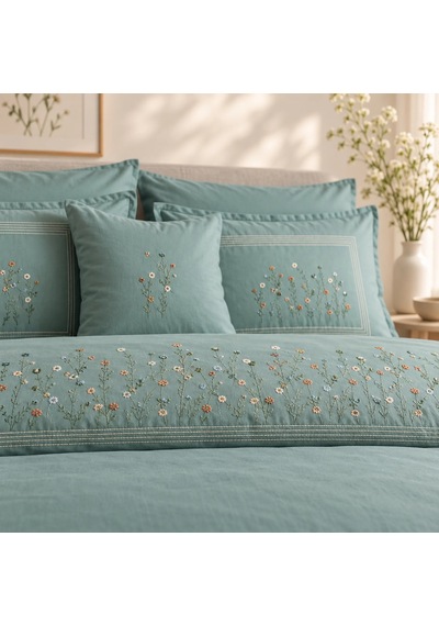 Wildflowers Nakışlı 7 Parça Çift Kişilik Nevresim Takımı Adaçayı Yeşili