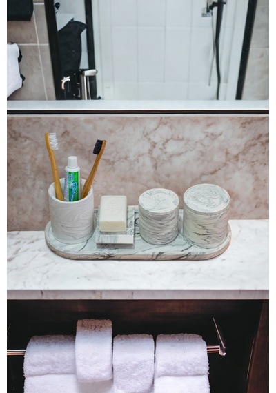 Marble Banyo Seti,tepsi,dis Fırçalık, Pamukluk,sabunluk Seti Beton Takim Gri