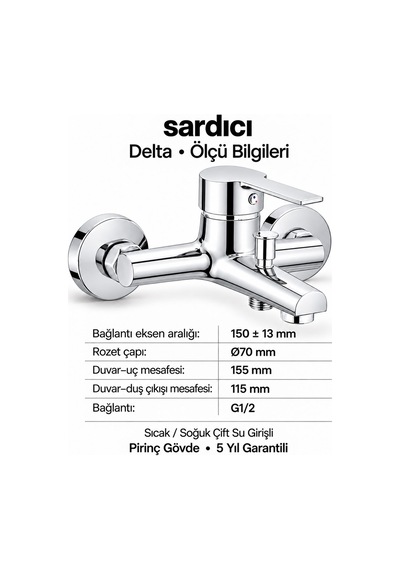 Sardıcı Delta Krom Pirinç Banyo Bataryası Dirsek Rozet Dahil