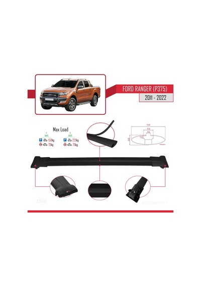 Ford Ranger 2011-2022 Arası İle Uyumlu Fly Model Ara Atkı Tavan Barı Siyah
