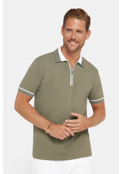 Tudors Erkek Slim Fit Dar Kesim %100 Pamuk Düz Pike Fermuarlı Haki Polo Yaka Tişört-31110 Haki