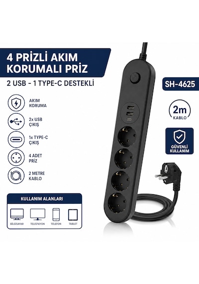 Sh-4625 4 Lü Topraklı Akım Korumalı Çoklu Priz 2 Usb 1 Type-c Çıkışlı 2 Metre Kablolu Anahtarlı Grup Priz Uzatma Kablosu 2 M