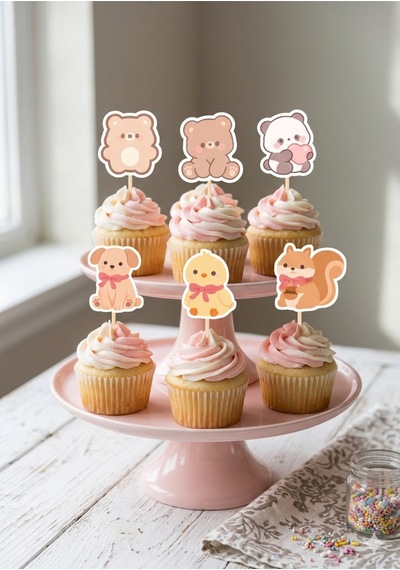 12 Li Sevimli Hayvanlar Cupcake Süsü Ve 12 Li Pipet Seti
