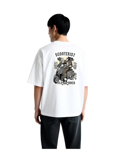 Paybuy Erkek Oversize Tişört %100 Pamuk Scooter Biker Kafatası Baskılı G Beyaz