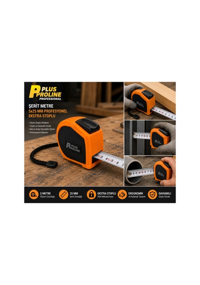 Pro Plus Profesyonel Ekstra Stoplu Şerit Metre 5 Metre X 25 Mm Dayanıklı Ve Hassas Ölçüm 5 M