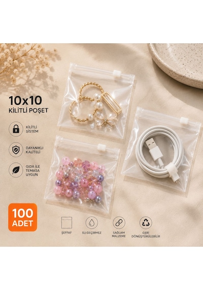 10x10 Şeffaf Kilitli Poşet 100 Adet - 140 Mikron, Bpa İçermez