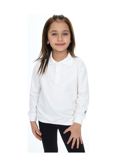 Kız Çocuk Regular Fit Polo Yaka Düşük Omuz Nakış Baskılı Sweatshirt - 2 İplik Ekru