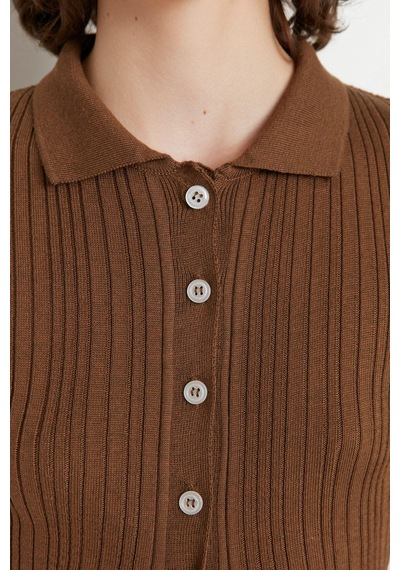 Ersefa Kadın Modern Tarz Slim Polo Yaka Regular Triko Hırka kahverengi
