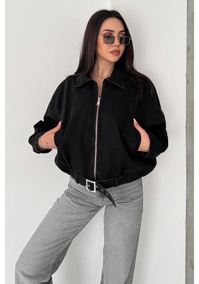 Blanco Kadın Kemer Detaylı Kot Ceket Oversize Fermuarlı Denim Ceket Siyah Siyah