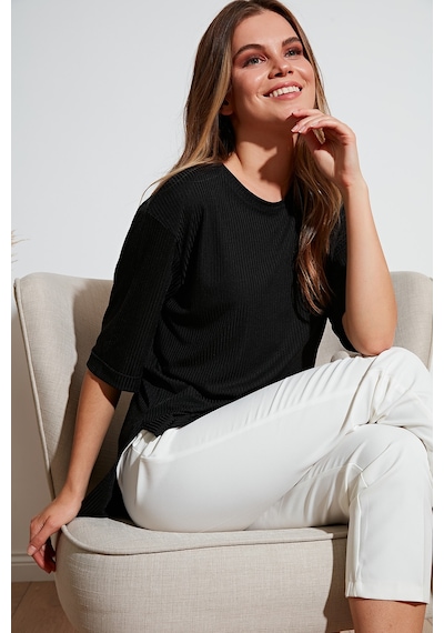 Lela Oversize Bisiklet Yaka Yırtmaç Detaylı Bayan Bluz 5863683 Siyah