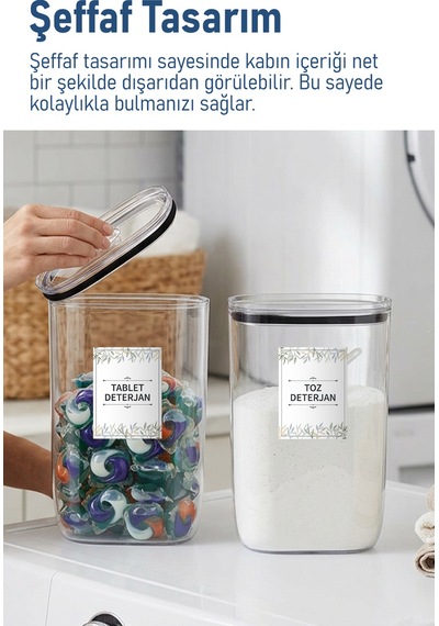 İronika Etiket Hediyeli Sızdırmaz Kapaklı Tablet Toz Deterjan Saklama Kabı 2100 Ml 2 Adet Şeffaf