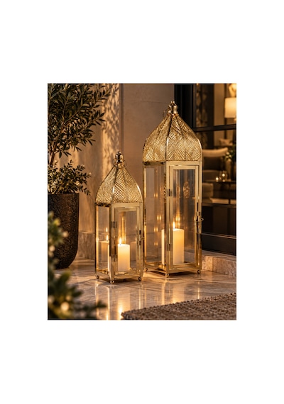 Sleep Nova Gold Metal Camlı Dekoratif Fener 2 Li Set Altın