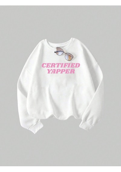 Startmore Startmoretrend Kadın Tişörtü Gad Baskı Kazak Görüntüsünde Yapılan Rahat Crewneck Polar Yumuşak Hoodie Beyaz