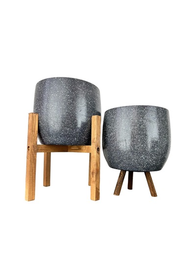 Bitki Tasarımı Ev Dekorasyon Aksesuar Gri Granit Toprak Saksı Saksılık Salon Çiçeklik İkili Set 3 Ayaklı- 4 Ayaklı- 19 CM