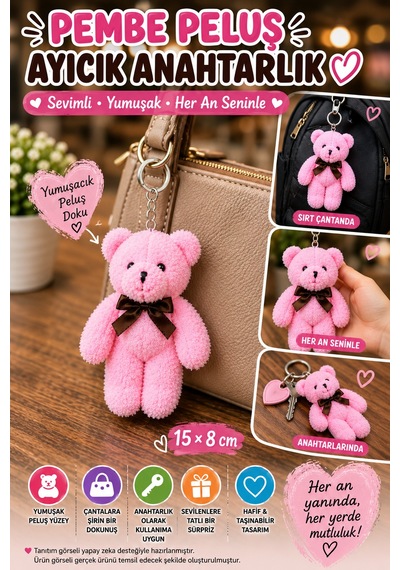 1 Adet Pembe Peluş Ayıcık Anahtarlık 15x8 Cm Çanta Sırt Çantası Anahtar Aksesuarı Sevimli Fiyonklu