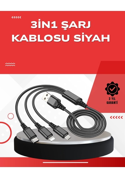 Dayanıklı Metal Başlıklı 3 Ü 1 Arada Şarj Kablosu - Tüm Cihazlarla Uyumlu