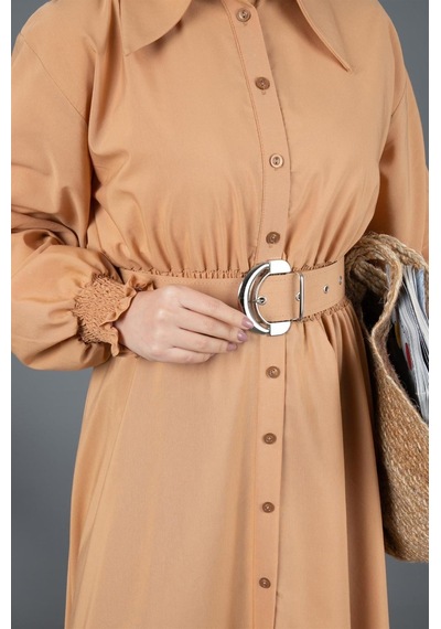 Sevitli Kemer Detaylı Elinna Elbise-camel-1568-camel Camel