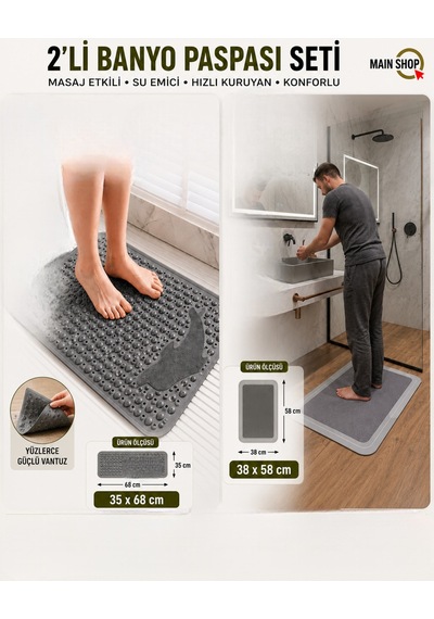 Mainshop 2'li Set Banyo Paspas Seti - Masaj Etkili, Vantuzlu Kaymaz Taban, Hızlı Kuruyan Su Emici Paspas Gri