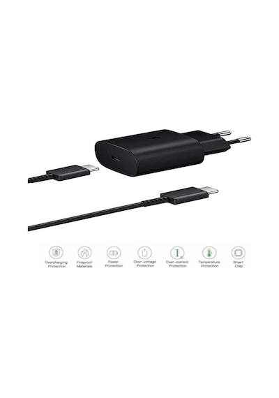 Samsung Galaxy S20 Plus Uyumlu Type-c Ultra Hızlı Şarj Seti 22.5w 3.0 Amper Siyah Şarj Adaptörü Ve Kablo