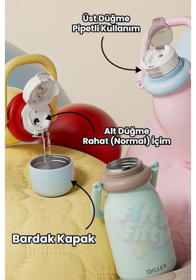Dıller 610 Ml Premium Bardak Kapak Çift Kullanım Pipetli Rahat İçim Kulplu Askılı Paslanmaz Çelik Termos Ff9512 Yeşil