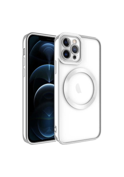Noktaks - İphone 12 Pro Max Uyumlu Kılıf Magsafe Özellikli Arkası Şeffaf Setro Silikon - Gümüş - T23313