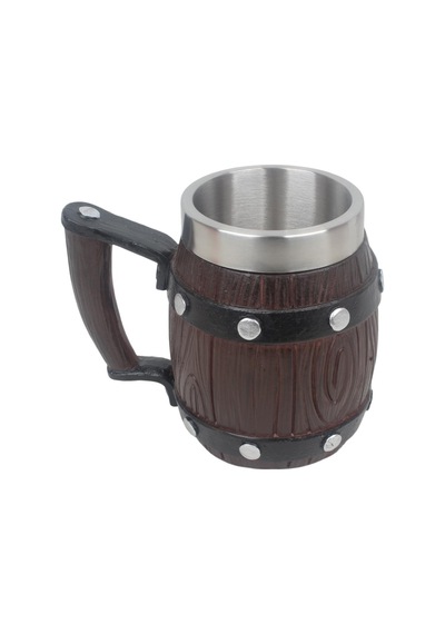 Paslanmaz Çelik İç Hazneli Viking Bira Kupası Ahşap Görünümlü Kulplu Fıçı Tasarım 600 Ml Çok Renkli