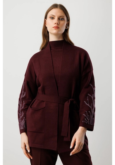 On Fashion Kadın Kolları Taşlı Kuşaklı Triko Bordo Hırka 60902 Bordo