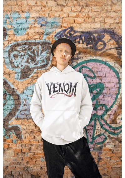 Sevbano Venom Karakter Baskılı Unisex Oversize Film Hoodie Beyaz