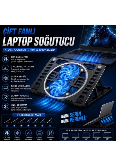 Çift Fanlı Turbo Notebook Soğutucu 2 Fanlı Yükseklik Ayarlı Soğutuculu Stand Yükseltici