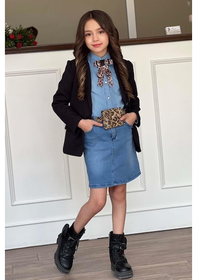 Riccotarz Kız Çocuk Leopar Desenli Fiyonk Detaylı Kot Gömlek Siyah Blazer Ceket Etekli Takım 001