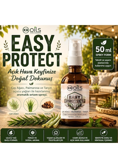Kaoils Easy Protect Doğal Ortam Spreyi 50 Ml - Sivrisinek, Kene, Akar Ve Haşerelere Karşı Doğal Koruma / 100% Pure Essential Oil Blends / Palmarosa, Tarçın, Çay Ağacı