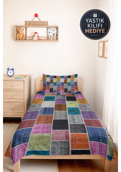 Patchwork Geometrik Renkli Tek Kişilik Dekoratif Pike Takımı-retro Mor Mozaik 160x220cm Yatak Örtüsü Kırçıllı Kireç Harmonu