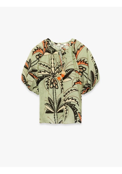 Koton Viskon Bağcıklı Yuvarlak Yaka Karpuz Kollu Floral Oversize Bluz Yeşil Desenli 6sak60215ew Koton Viskon Bağcıklı Yuvarlak Yaka Karpuz Kollu Floral Oversize Bluz Yeşil Desenli 6sak60215ew