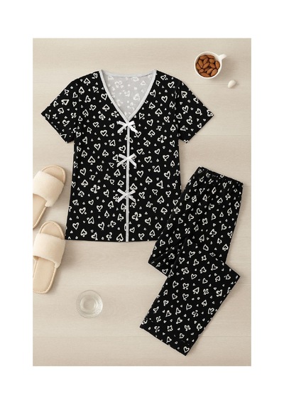 Fantezia Night Kadın Siyah Beyaz Kalp Desenli Fiyonklu Kısa Kollu Pijama Takımı