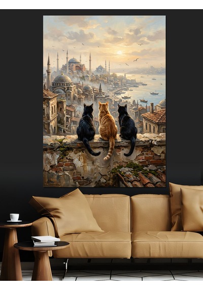 İstanbul Boğazında Üç Sevimli Kedi Dekoratif Kanvas - Mdf Ahşap Tablo