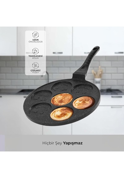 27 Cm Döküm Granit Emojili Pancake Tavası Yapışmaz Granit Kaplama Krep Ve Pancake Tavası Da Siyah