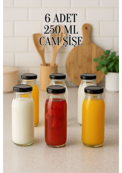 6 Adet 250 Ml Beslenme Şeffaf Meyve Suyu, Meşrubat, Limonata Şişesi Metal Kapaklı 250 Cc Şişe Siyah