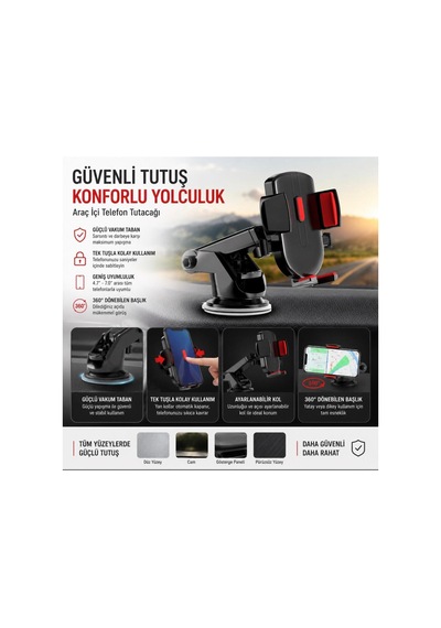 2'si 1 Arada Araç İçi Telefon Tutucu Vantuzlu Ve Klima Izgarası Petek Uyumlu 360 Dönünebilir Siyah Siyah