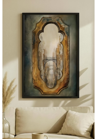 1 Adet Doğal Ahşap Çerçeveli Minimalist Soyut Çizim Vintage Tablo