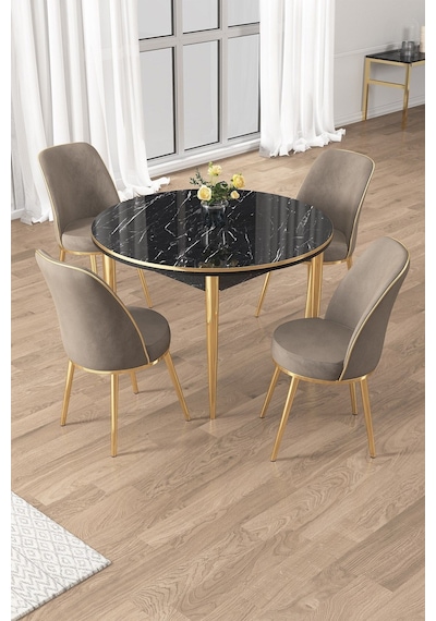 Canisa Osle Serisi 90x90 Yuvarlak Siyah Mermer Desen Mutfak Masa Takımı 4 Cappucino Sandalye Gold Detay Masa Siyah Mermer Sandalye Capppucino Gold Ayak