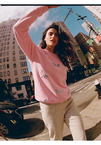 Onloox Kadın Şeker Pembe Şeker Pembe Pamuklu Bisiklet Yaka Relaxed Yusufcuk Taş İşlemeli Sweatshirt T-shirt