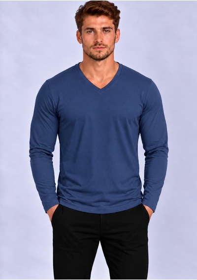 Axxel Erkek Pamuklu V Yaka Uzun Kollu T-shirt-d8004 Koyu İndigo