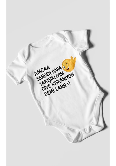 Morivokids Amaa Senden Daha Yazılı Kısa Kollu Bebek Body %100 Pamuk Beyaz